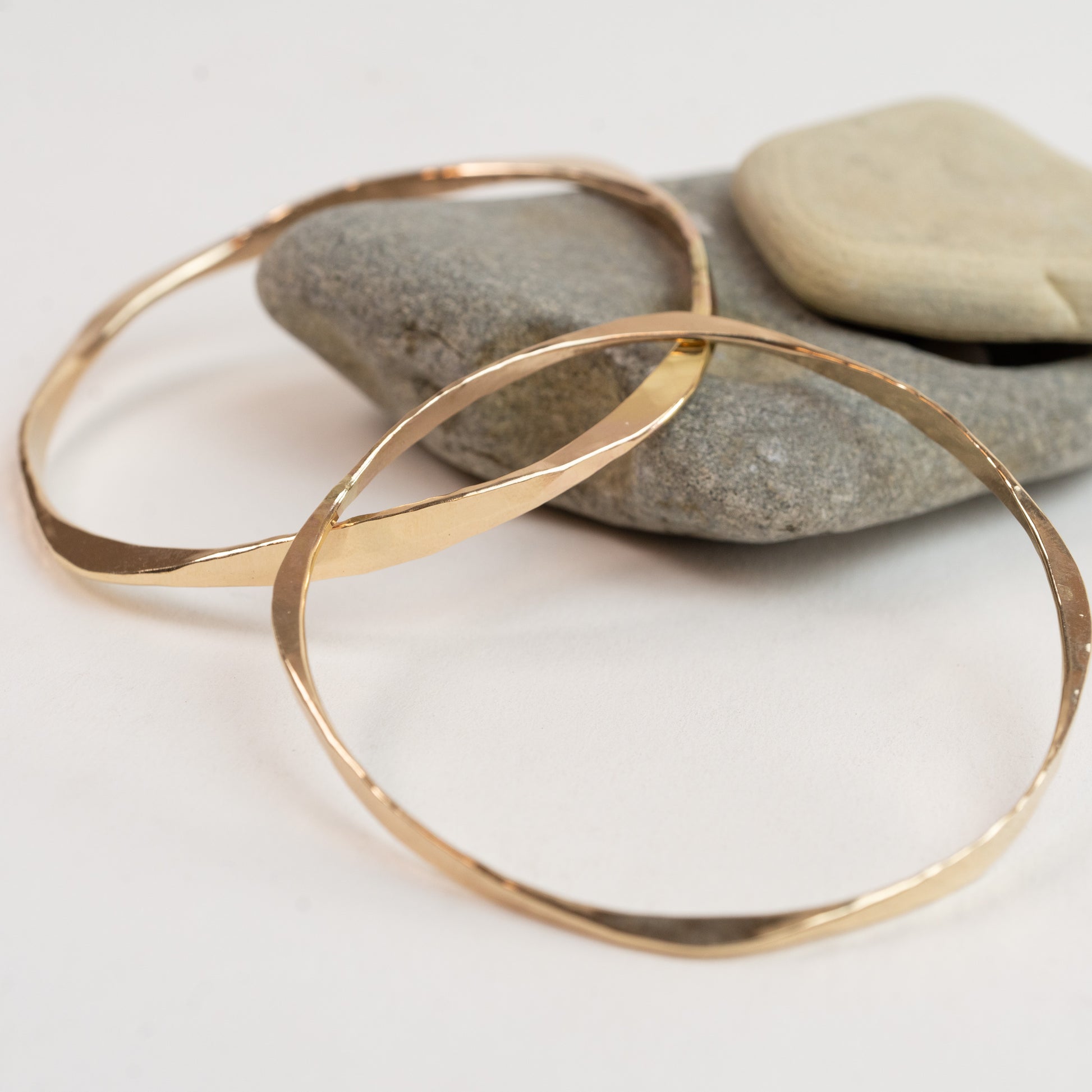 Bangle Bracelets - 14k Solid Yellow Gold - hand forged Four Way - Light 12 gauge and Heavy 8 gauge